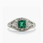 Art Deco Emerald Ring Princess Cut Green Stone Ring Vintage Filigree Ring Moissanite Accent Ring 925 Sterling Silver