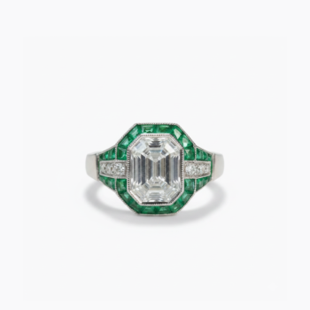 Art Deco Emerald Cut Moissanite Ring Green Halo Ring Vintage Engagement Ring Emerald Accent Ring 925 Sterling Silver