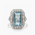 6.35 Ct Emerald Cut Aqua Ring, Art Deco Halo Engagement Ring, Baguette & Round Moissanite, Vintage Silver Statement Ring