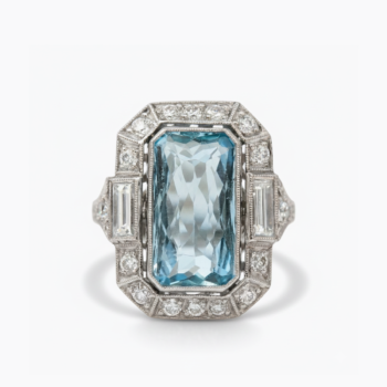 6.35 Ct Emerald Cut Aqua Ring, Art Deco Halo Engagement Ring, Baguette & Round Moissanite, Vintage Silver Statement Ring