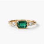 1.23 Ct Emerald Cut Green Ring, Bezel Set Emerald Engagement Ring, Three Stone Moissanite Side Ring, Minimalist Silver Ring