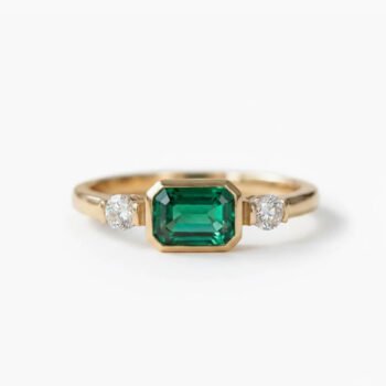 1.23 Ct Emerald Cut Green Ring, Bezel Set Emerald Engagement Ring, Three Stone Moissanite Side Ring, Minimalist Silver Ring