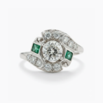 2.02 Ct Round Cut Moissanite Ring, Vintage Art Deco Engagement Ring, Green Accent Baguette & Halo Style Silver Ring