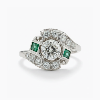 2.02 Ct Round Cut Moissanite Ring, Vintage Art Deco Engagement Ring, Green Accent Baguette & Halo Style Silver Ring