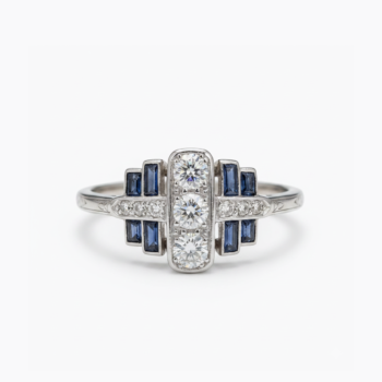 Vintage Art Deco Moissanite Ring Lab Sapphire Baguette Ring 925 Sterling Silver Round Cut Engagement Ring Statement Ring