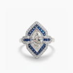 Vintage Art Deco Dutch Marquise Moissanite Ring Blue Sapphire Halo 925 Sterling Silver Duchess Cut Statement Engagement Ring