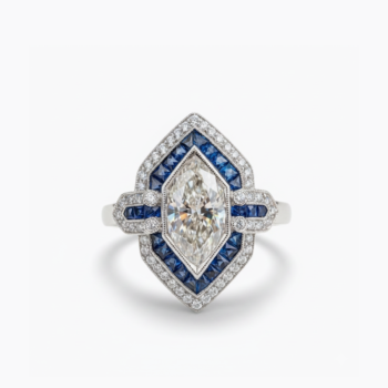 Vintage Art Deco Dutch Marquise Moissanite Ring Blue Sapphire Halo 925 Sterling Silver Duchess Cut Statement Engagement Ring