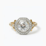 Vintage Halo Moissanite Ring 925 Sterling Silver Round Cut Engagement Ring Art Deco Two Tone Bezel Statement Ring