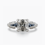 Art Deco Asscher Cut Moissanite Ring 2.03 CT Vintage Engagement Ring Blue Sapphire Side Stone 925 Sterling Silver