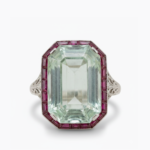 57.12 CT Emerald Cut Aquamarine Ring Baguette Purple Halo Art Deco Statement Ring 925 Silver VVS