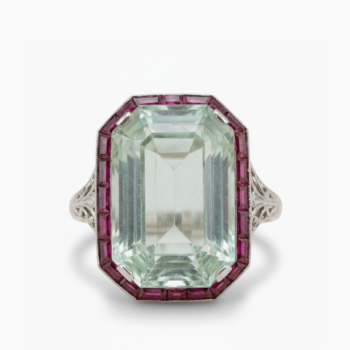 57.12 CT Emerald Cut Aquamarine Ring Baguette Purple Halo Art Deco Statement Ring 925 Silver VVS