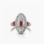 Art Deco Ruby Ring Oval Cut Vintage Ring Red Stone Halo Filigree Ring Baguette Accent 925 Silver VVS