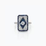 Art Deco Sapphire Blue Ring Baguette Cut Halo Ring Geometric Vintage Engagement Ring Milgrain Statement Ring 925 Silver