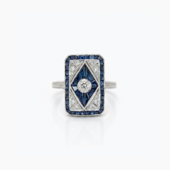 Art Deco Sapphire Blue Ring Baguette Cut Halo Ring Geometric Vintage Engagement Ring Milgrain Statement Ring 925 Silver