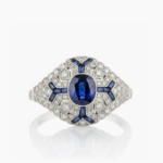 Art Deco Sapphire Blue Cushion Cut Ring Vintage Halo Engagement Ring Baguette Accent Milgrain Statement Ring 925 Silver
