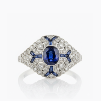 Art Deco Sapphire Blue Cushion Cut Ring Vintage Halo Engagement Ring Baguette Accent Milgrain Statement Ring 925 Silver