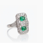 Art Deco Emerald & Moissanite Ring Cushion Cut Center Green Emerald Cut Halo 925 Silver