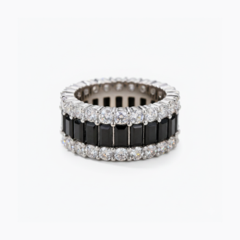 Black Onyx Eternity Band Emerald Cut & Round Moissanite Ring Full Eternity Wedding Band 925 Silver VVS