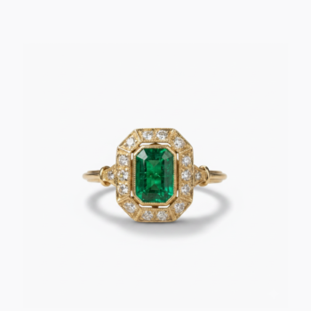 1.67ct Emerald Cut Lab Emerald Engagement Ring, Art Deco Octagonal Halo Ring in Yellow Silver, Milgrain Geometric Emerald Green