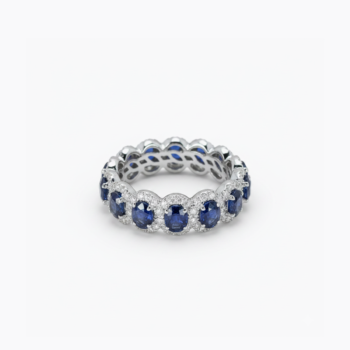 Blue Sapphire Eternity Ring | Round Cut Halo Sapphire Band 4.77 CT | Moissanite Accent Wedding Band | 925 Silver