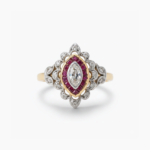 Art Deco Marquise Moissanite Ruby Ring, Vintage Halo Engagement Ring, Navette Cluster Ring, Two Tone Sterling Silver Statement Ring