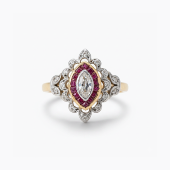 Art Deco Marquise Moissanite Ruby Ring, Vintage Halo Engagement Ring, Navette Cluster Ring, Two Tone Sterling Silver Statement Ring