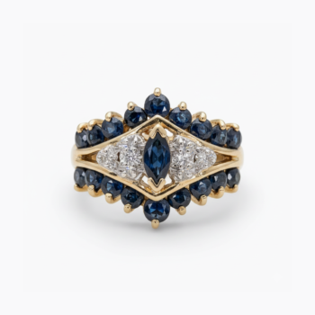 Art Deco Blue Sapphire Ring, Marquise Sapphire Halo Ring, Vintage Cluster Statement Ring, Split Shank Sterling Silver Engagement Ring