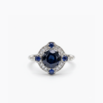 Blue Sapphire Halo Ring, Oval Sapphire Cluster Ring, Vintage Floral Engagement Ring, Quatrefoil Statement Ring, Sterling Silver Ring