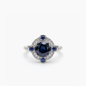 Blue Sapphire Halo Ring, Oval Sapphire Cluster Ring, Vintage Floral Engagement Ring, Quatrefoil Statement Ring, Sterling Silver Ring