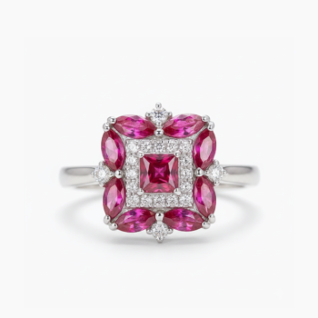 Princess Cut Ruby Ring, Ruby Halo Cluster Ring, Marquise Floral Statement Ring, Vintage Cocktail Ring, Sterling Silver Engagement Ring