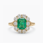 Emerald Cut Emerald Ring, Green Halo Moissanite Ring, Vintage Cluster Engagement Ring, Split Shank Statement Ring, Sterling Silver Ring