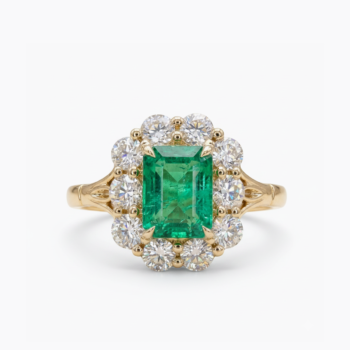 Emerald Cut Emerald Ring, Green Halo Moissanite Ring, Vintage Cluster Engagement Ring, Split Shank Statement Ring, Sterling Silver Ring