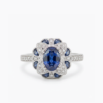 Oval Blue Sapphire Ring, Vintage Floral Halo Ring, Sapphire Cluster Engagement Ring, Art Deco Statement Ring, Sterling Silver Ring