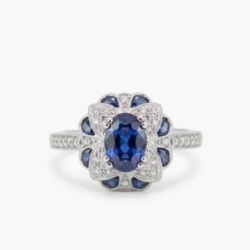 Oval Blue Sapphire Ring, Vintage Floral Halo Ring, Sapphire Cluster Engagement Ring, Art Deco Statement Ring, Sterling Silver Ring