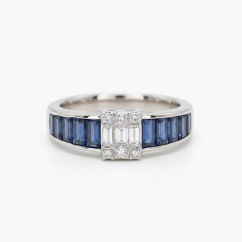 1.28 CT Sapphire Blue Ring, Baguette & Round Cut Band Ring, Art Deco Cluster Ring, Sterling Silver Statement Ring