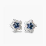 0.32 TCW Sapphire Blue Stud Earrings, 1.44 CTW CZ Baguette Halo Earrings, Floral Cluster Push Back Studs, Sterling Silver