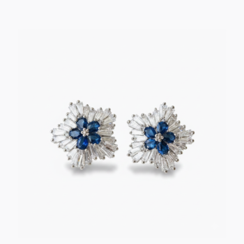0.32 TCW Sapphire Blue Stud Earrings, 1.44 CTW CZ Baguette Halo Earrings, Floral Cluster Push Back Studs, Sterling Silver