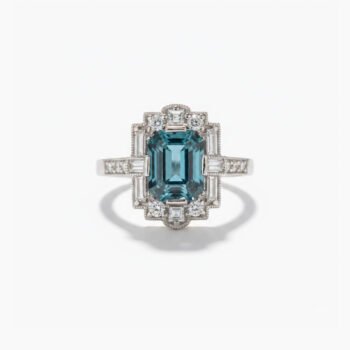 2.00 CT Emerald Cut Aquamarine Ring Art Deco Halo Moissanite Engagement Ring Baguette Side Stones Vintage Silver Ring