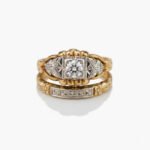 Art Deco Moissanite Engagement Ring Set 0.50 Ct Round Cut, Vintage Two Tone Ring Set, Milgrain Engraved Wedding Band 925 Silver