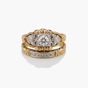 Art Deco Moissanite Engagement Ring Set 0.50 Ct Round Cut, Vintage Two Tone Ring Set, Milgrain Engraved Wedding Band 925 Silver