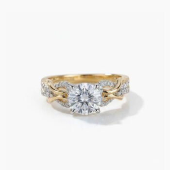 1.52ct Round Moissanite Engagement Ring Two Tone | Vintage Twist Split Shank Ring | Pavé Side Stone Ring 925 Silver | Floral Swirl Ring