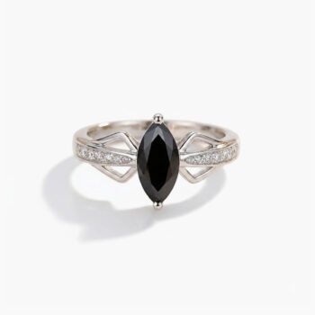 1.50ct Black Marquise Lab Created Engagement Ring | Split Shank Geometric Ring | Pave Accent Silver Ring | Unique Gothic Promise Ring