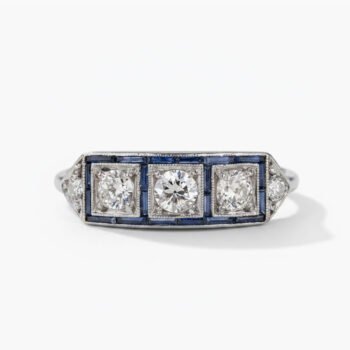 Art Deco Three Stone Moissanite Ring 1 CT Round Center Baguette Sapphire Accent Vintage Engagement Ring 925 Silver