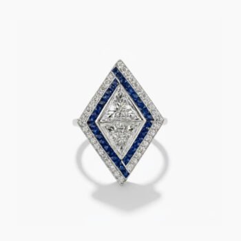 2.00 CT Art Deco Trillion Cut Moissanite Ring Kite Set Blue Sapphire Halo Statement Ring Vintage Engagement 925 Silver