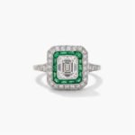 1.02 CT Emerald Cut Moissanite Ring Art Deco Double Halo Green Accent Vintage Engagement Ring Square Halo 925 Silver