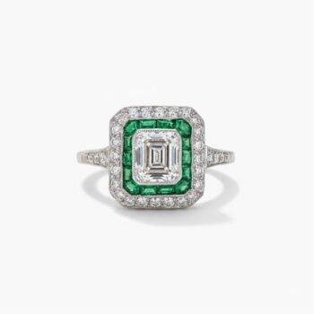 1.02 CT Emerald Cut Moissanite Ring Art Deco Double Halo Green Accent Vintage Engagement Ring Square Halo 925 Silver