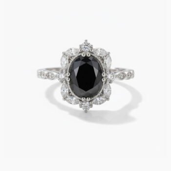 2.0 CT Black Oval Halo Ring Lab Created Black Diamond Style Marquise Moissanite Floral Halo Engagement Ring 925 Silver