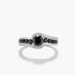 0.51 CT Black Round Ring Curved Split Shank Halo Ring Black & White Moissanite Wave Design Engagement Ring 925 Silve