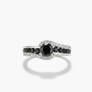 0.51 CT Black Round Ring Curved Split Shank Halo Ring Black & White Moissanite Wave Design Engagement Ring 925 Silve