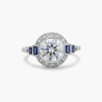 1.30 CT Round Moissanite Halo Ring Blue Baguette Side Stones Art Deco Engagement Ring Vintage Milgrain 925 Silver